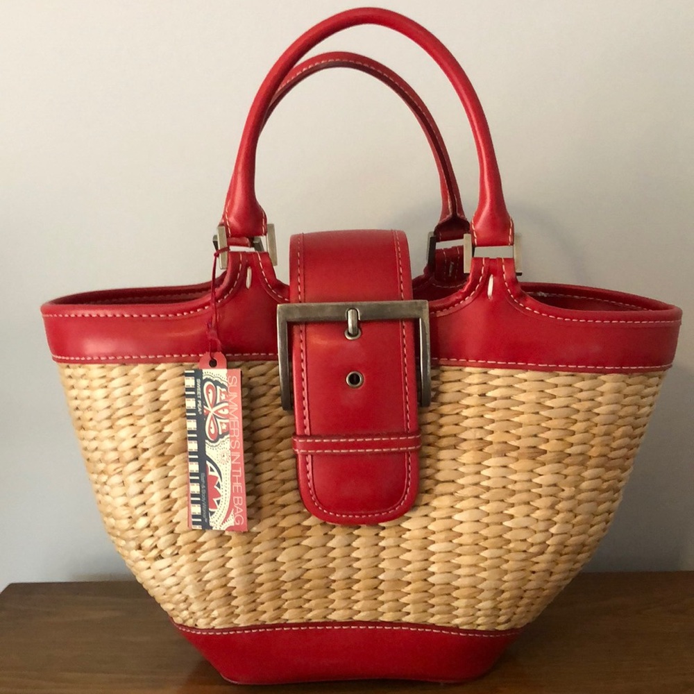 Red Leather and Straw Summer Bag